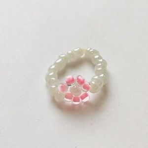 Handmade Beaded Pink and White Flower Ring